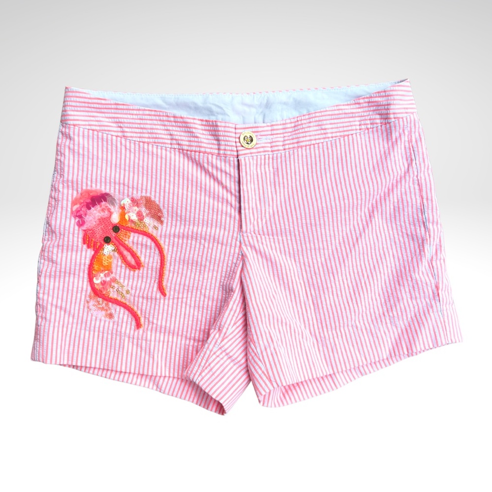 LILLY PULITZER Pink Striped Callahan Party Shorts Sequin Lobster Detail Size 2
